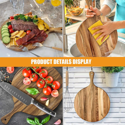 Acacia Wood Cutting Board - Round or Paddle Serving Board Food-Safe Non-Slip