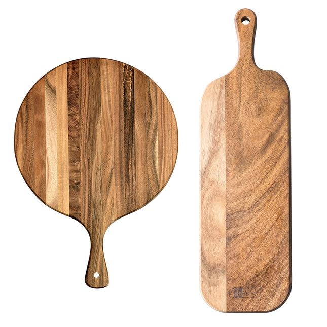 Acacia Wood Cutting Board - Round or Paddle Serving Board Food-Safe Non-Slip