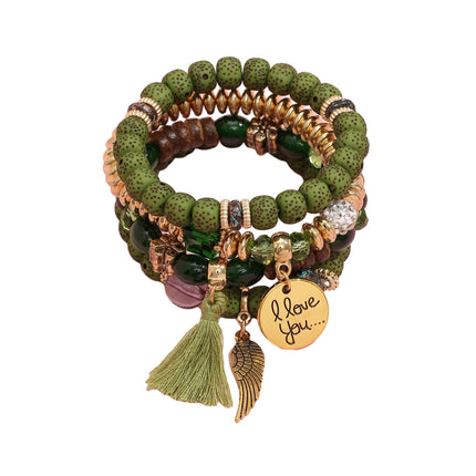 Boho Multilayer Bracelet Set with Turquoise Crystal Tassel and Charms for Women