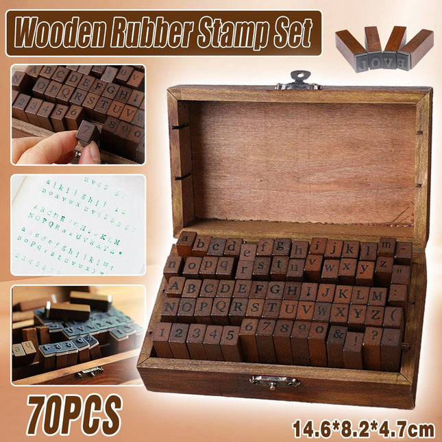 70pcs DIY Alphabet and Number Wood Rubber Stamps Set with Wooden Box Case