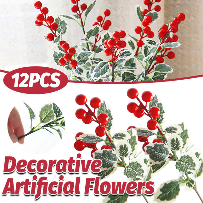 12PCS Artificial 7-Fork Red Berry Decorative Flowers for Christmas Home Party