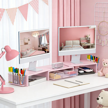 Desktop Computer Monitor Stand Riser Pink Drawer Side Baskets 70-103cm
