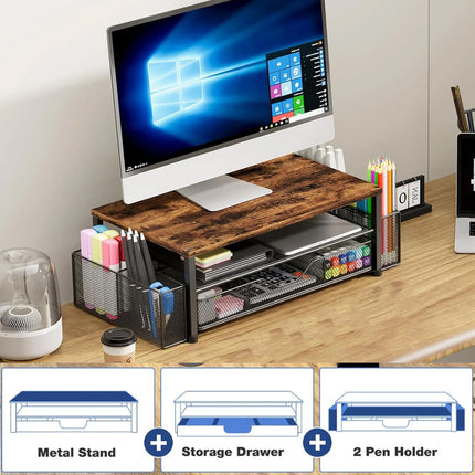 Computer Stand Riser With Drawer Storage Monitor Shelf For PC Laptop Workspace