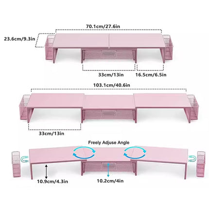 Desktop Computer Monitor Stand Riser Pink Drawer Side Baskets 70-103cm