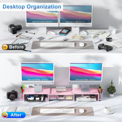Desktop Computer Monitor Stand Riser Pink Drawer Side Baskets 70-103cm