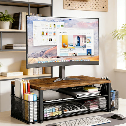 Computer Stand Riser With Drawer Storage Monitor Shelf For PC Laptop Workspace