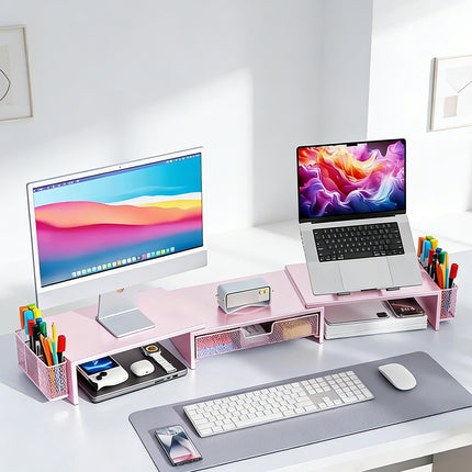Desktop Computer Monitor Stand Riser Pink Drawer Side Baskets 70-103cm