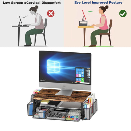 Computer Stand Riser With Drawer Storage Monitor Shelf For PC Laptop Workspace