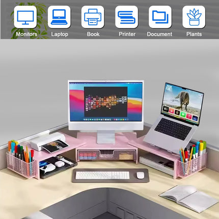 Desktop Computer Monitor Stand Riser Pink Drawer Side Baskets 70-103cm