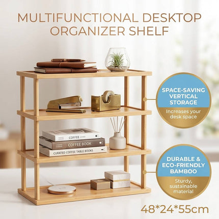 Natural Bamboo 4 Tier Desktop Shelf Bookshelf Storage Rack for Office Desk