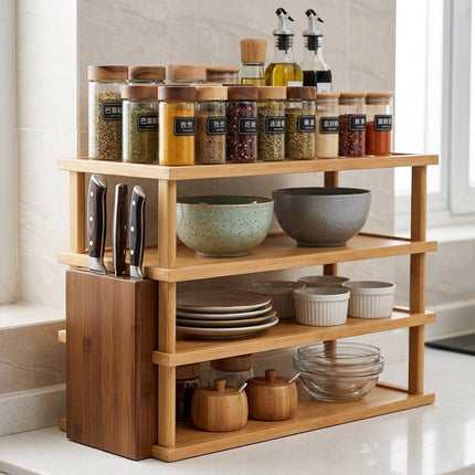 Natural Bamboo 4 Tier Desktop Shelf Bookshelf Storage Rack for Office Desk