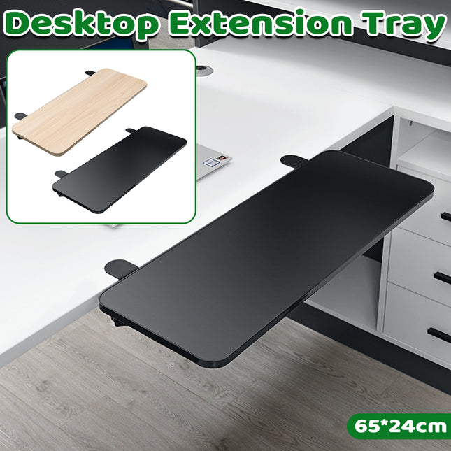 No Drill Desk Extension Tray 65cm Clamp On Foldable Shelf Black or Natural Wood