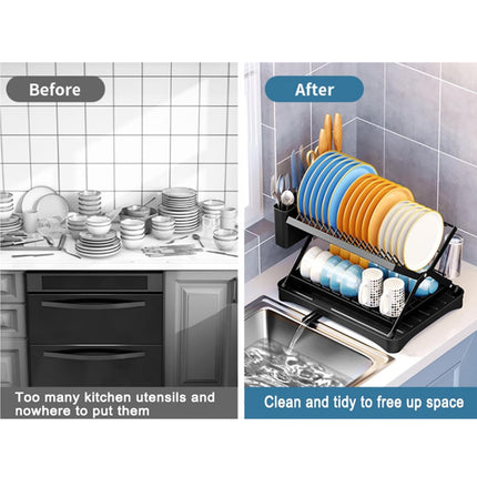 Kitchen Dish Drying Rack 2-Tier Foldable Metal Sink Organizer for Countertop Use