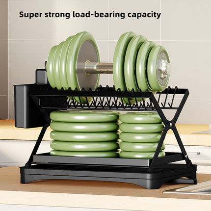 Kitchen Dish Drying Rack 2-Tier Foldable Metal Sink Organizer for Countertop Use