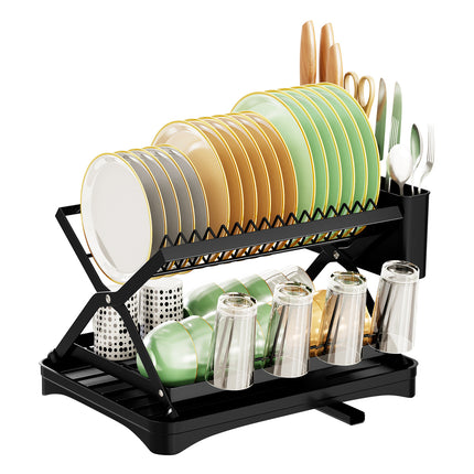 Kitchen Dish Drying Rack 2-Tier Foldable Metal Sink Organizer for Countertop Use