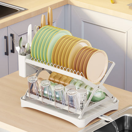 Kitchen Dish Drying Rack 2-Tier Foldable Metal Sink Organizer for Countertop Use
