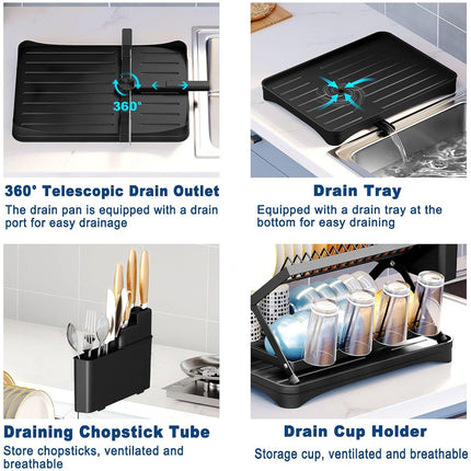 Kitchen Dish Drying Rack 2-Tier Foldable Metal Sink Organizer for Countertop Use