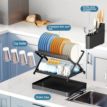 Kitchen Dish Drying Rack 2-Tier Foldable Metal Sink Organizer for Countertop Use