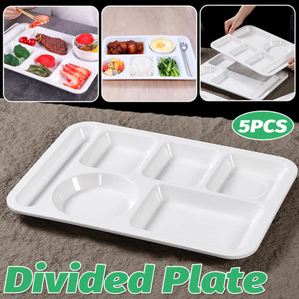 5PCS Divided Dinner Plates 6 Compartment Portion Tray Meal Organiser White