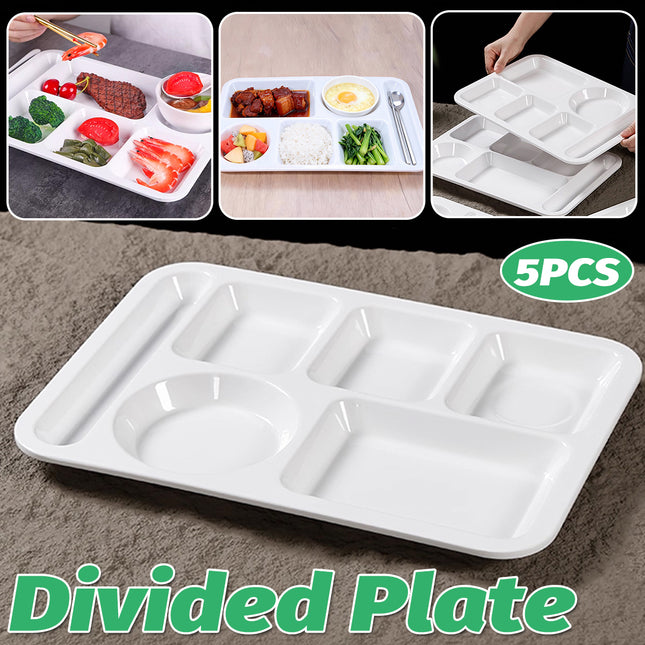 5PCS Divided Dinner Plates 6 Compartment Portion Tray Meal Organiser White