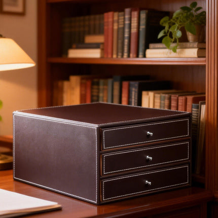 A4 File Storage Drawer Organiser Faux Leather Desktop 3 Drawers 33.5cm