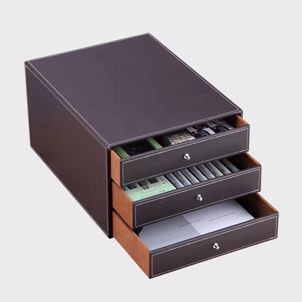 A4 File Storage Drawer Organiser Faux Leather Desktop 3 Drawers 33.5cm