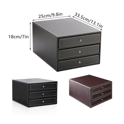 A4 File Storage Drawer Organiser Faux Leather Desktop 3 Drawers 33.5cm