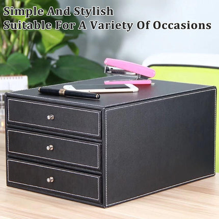 A4 File Storage Drawer Organiser Faux Leather Desktop 3 Drawers 33.5cm