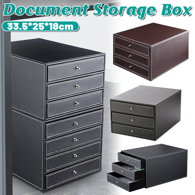 A4 File Storage Drawer Organiser Faux Leather Desktop 3 Drawers 33.5cm