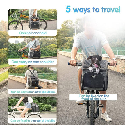 Bike Pet Basket Carrier Bicycle Dog Cat Bag Breathable Mesh Backpack 5 Way Carry
