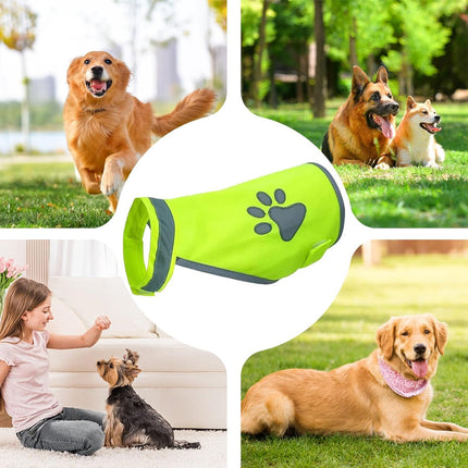 Dog Hi-Vis Reflective Vest Fluorescent Green Night Walking Paw Print S M L