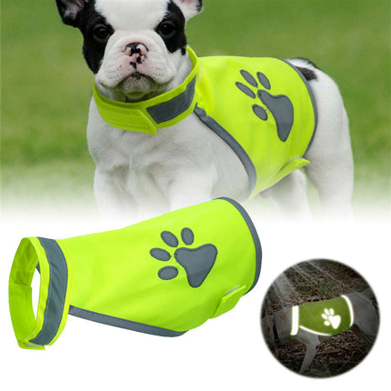 Dog Hi-Vis Reflective Vest Fluorescent Green Night Walking Paw Print S M L