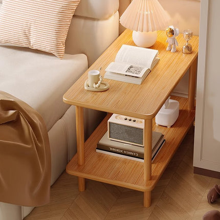Wooden Double Layer Side Table Bedside Sofa End Table Storage Shelf