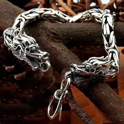 Gothic Double Dragon Head Bracelet for Men – Punk Style Alloy Chain 19cm 21cm