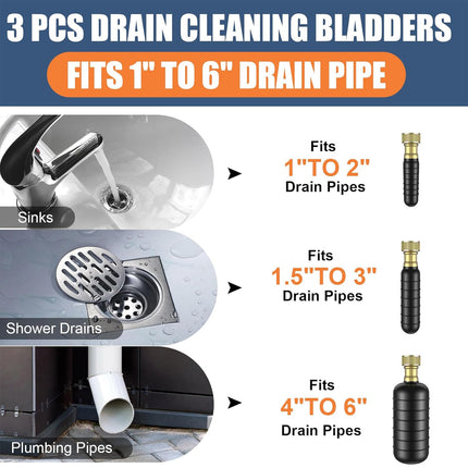 3PCS Drain Bladder Kit Fits 1-6in Pipe Quickly Clean for Toilet Sink Pipe Sewer