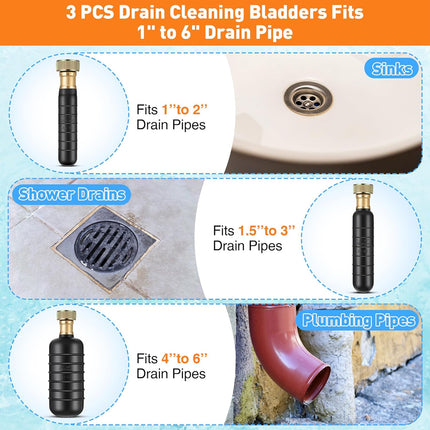 3PCS Drain Bladder Kit Fits 1-6in Pipe Quickly Clean for Toilet Sink Pipe Sewer