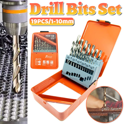 19pcs Straight Shank Twist Drill Bit Set High Speed Steel Metal Drilling Tool
