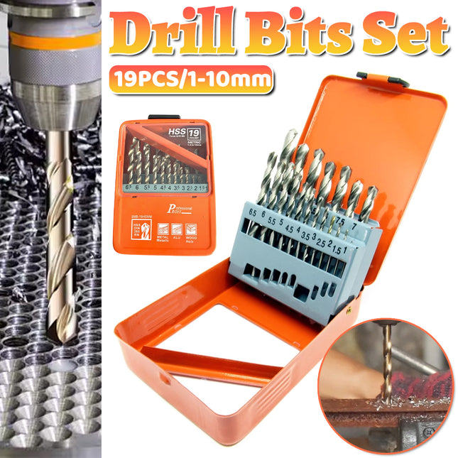 19pcs Straight Shank Twist Drill Bit Set High Speed Steel Metal Drilling Tool