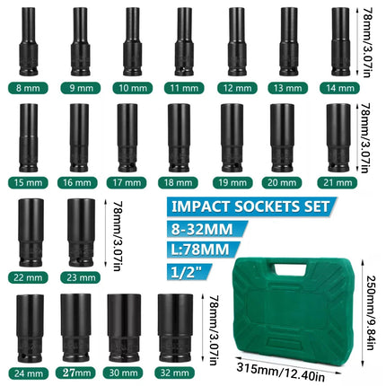 20PCS 1/2 Inch Drive Socket Set 8mm to 32mm with Case Chrome Vanadium Steel