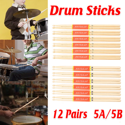12 Pairs Wooden Drum Sticks Solid Wood Jazz Drum Mallets Professional Durable