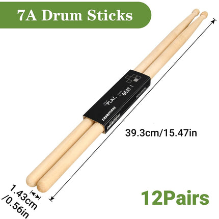 12 Pairs Drum 7A Professional Practice Solid Wood Drum Stick