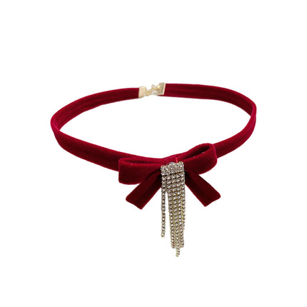 Fashion Red Bows Necklace Diamond Pendant Collar Chain Velvets Bowknot Jewelry