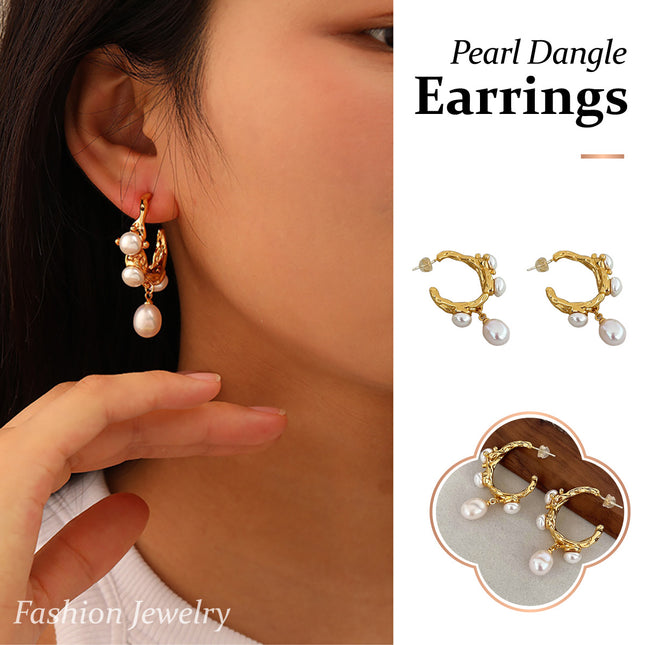 Vintage Textured Hoop Earrings with Freshwater Pearls - Gold Molten Design
