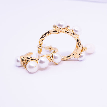 Vintage Textured Hoop Earrings with Freshwater Pearls - Gold Molten Design