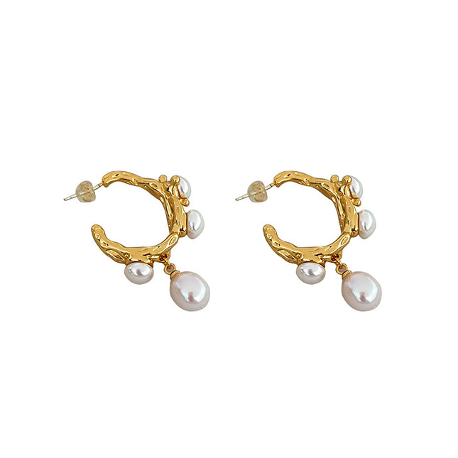 Vintage Textured Hoop Earrings with Freshwater Pearls - Gold Molten Design