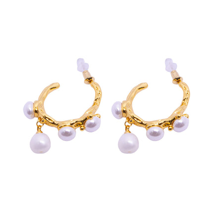 Vintage Textured Hoop Earrings with Freshwater Pearls - Gold Molten Design