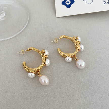 Vintage Textured Hoop Earrings with Freshwater Pearls - Gold Molten Design