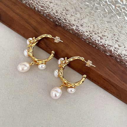 Vintage Textured Hoop Earrings with Freshwater Pearls - Gold Molten Design