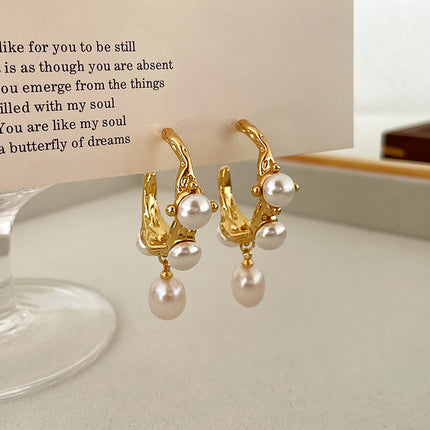 Vintage Textured Hoop Earrings with Freshwater Pearls - Gold Molten Design