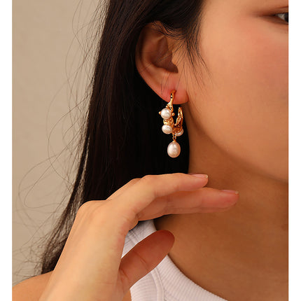 Vintage Textured Hoop Earrings with Freshwater Pearls - Gold Molten Design